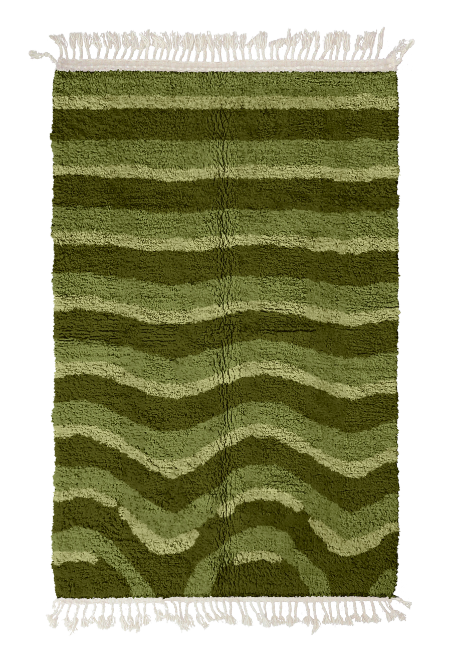 Rising Tide wavy wool rug, moss green waves and sage olive lines on olive green, full view