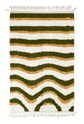 Load image into Gallery viewer, Rising Tide wavy wool rug, olive green waves and ochre yellow lines on cream, full view

