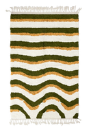 Rising Tide wavy wool rug, olive green waves and ochre yellow lines on cream, full view