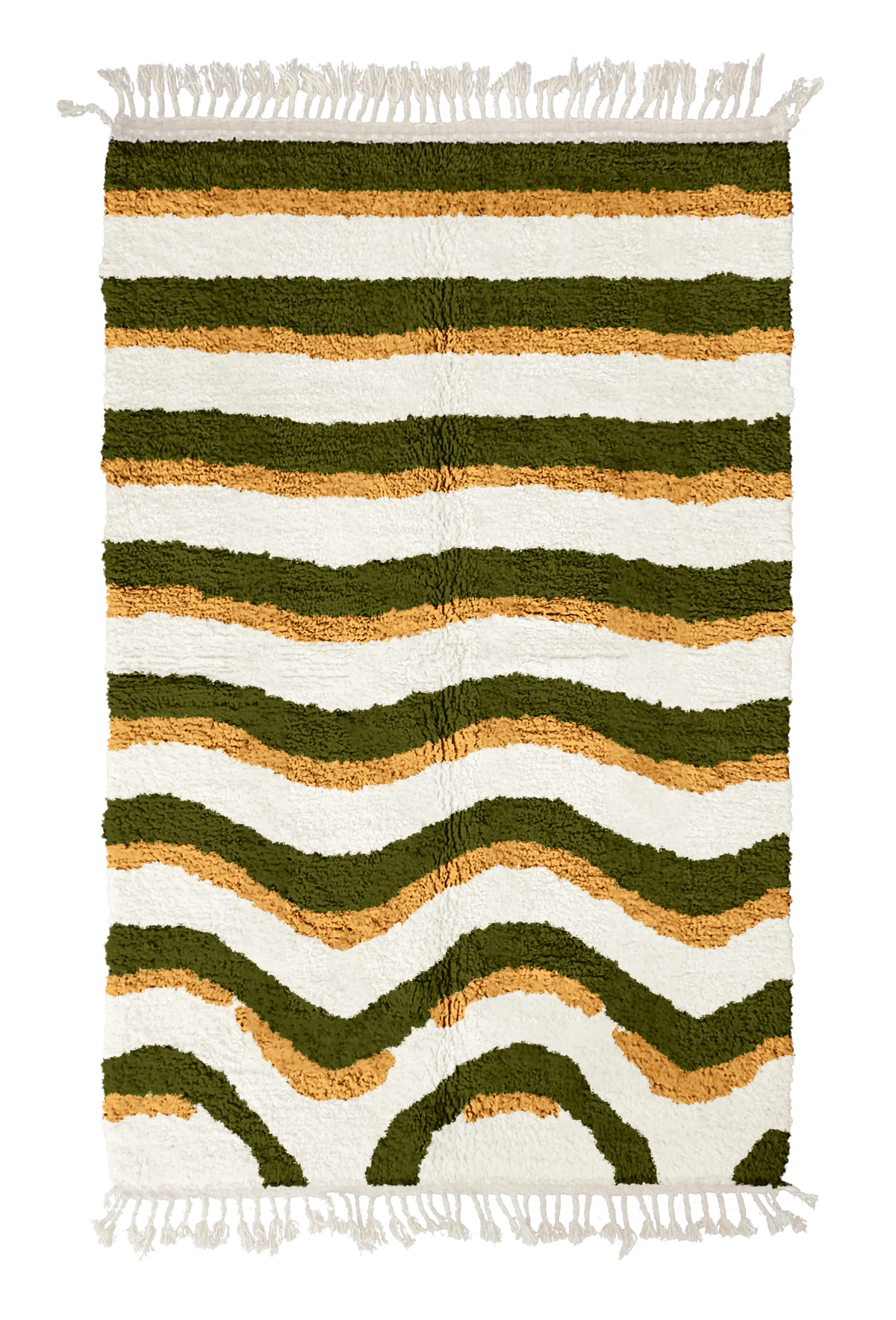 Rising Tide wavy wool rug, olive green waves and ochre yellow lines on cream, full view
