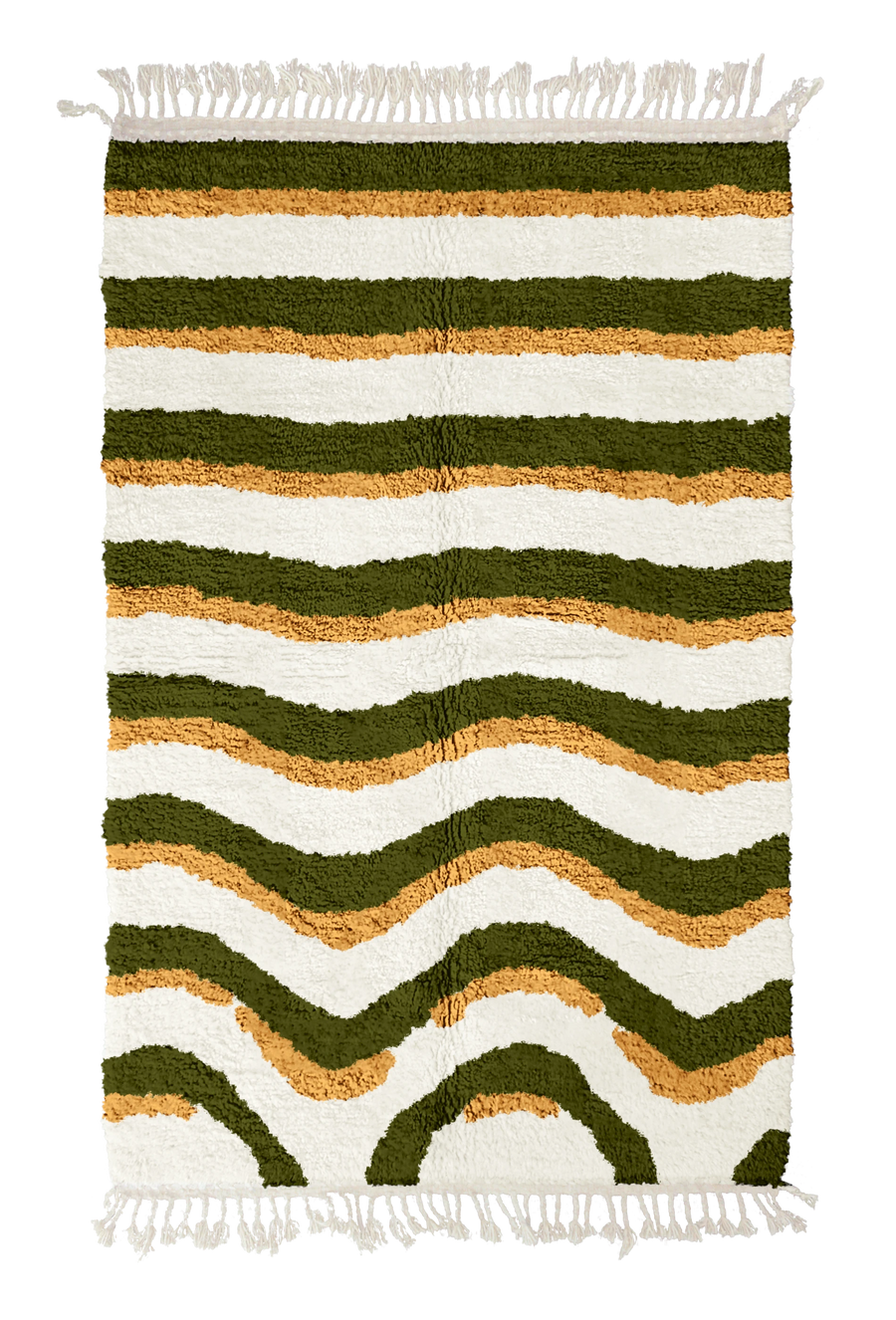 Rising Tide wavy wool rug, olive green waves and ochre yellow lines on cream, full view