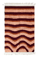 Rising Tide wavy wool rug, oxblood red waves and terracotta lines on blush pink, full view