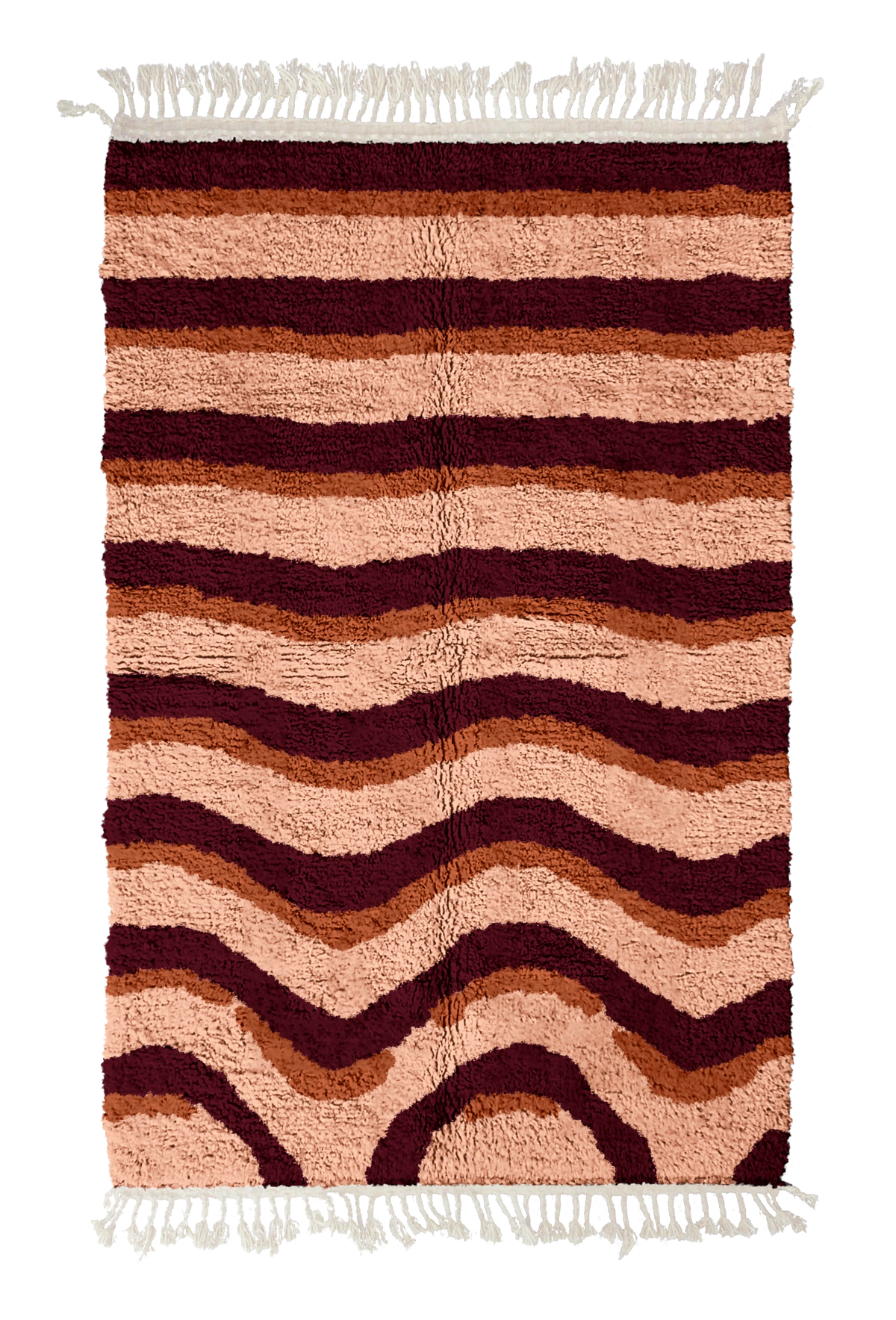 Rising Tide wavy wool rug, oxblood red waves and terracotta lines on blush pink, full view