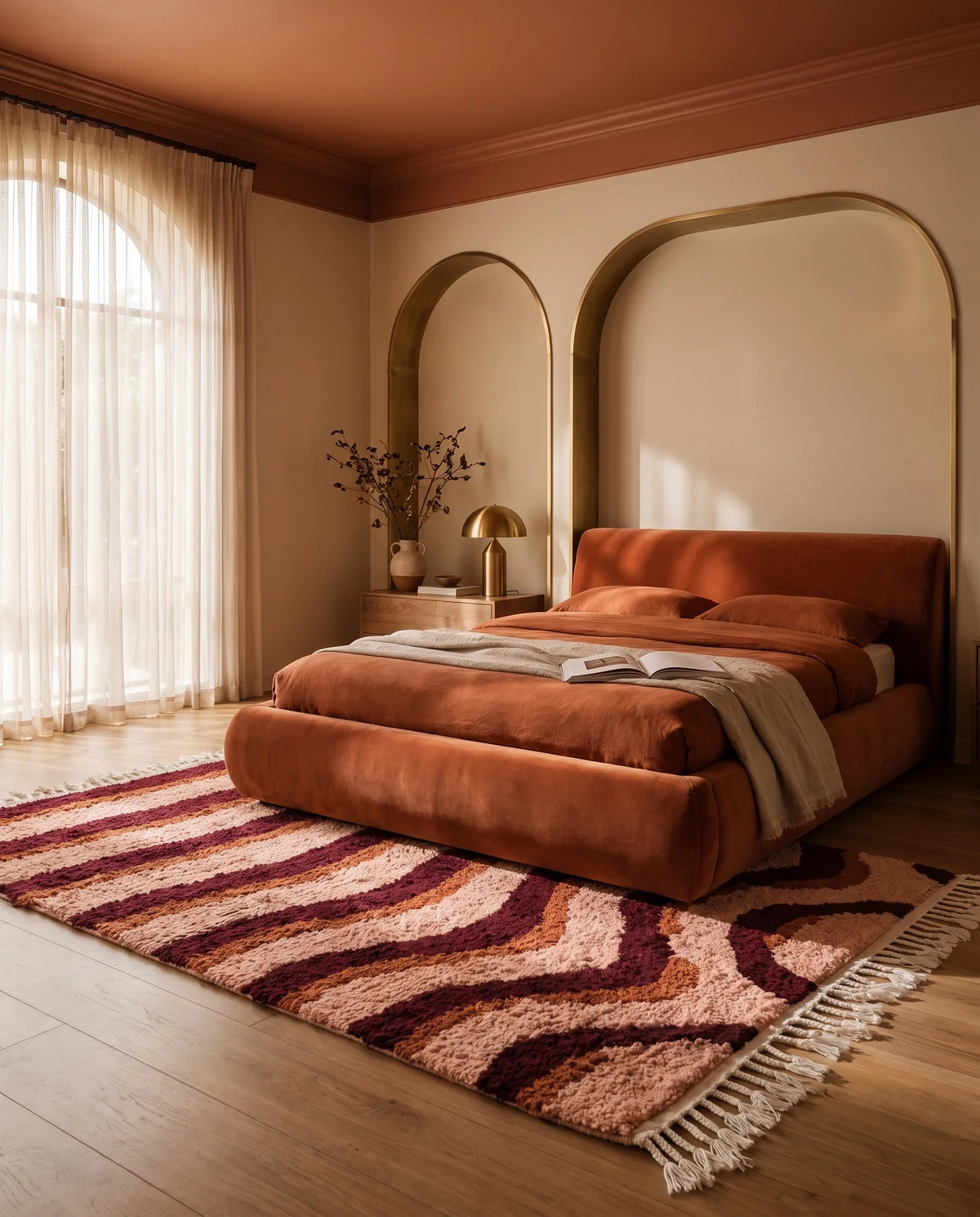 Burgundy, Terracotta and Blush Pink wavy wool rug in a furnished room
