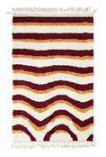 Load image into Gallery viewer, Rising Tide wavy wool rug, burgundy waves and ochre yellow lines on cream, full view
