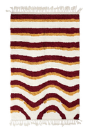 Rising Tide wavy wool rug, burgundy waves and ochre yellow lines on cream, full view