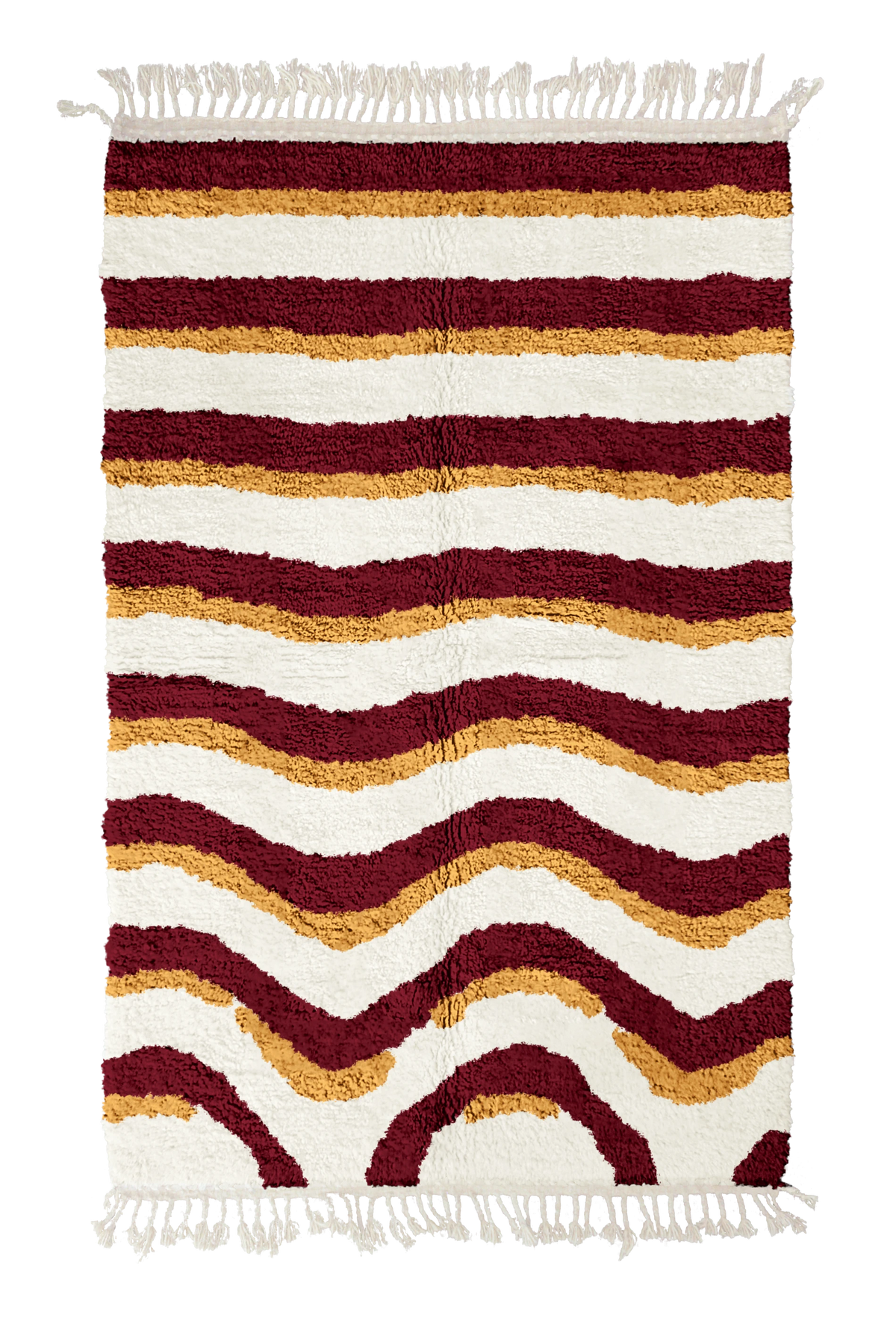 Rising Tide wavy wool rug, burgundy waves and ochre yellow lines on cream, full view