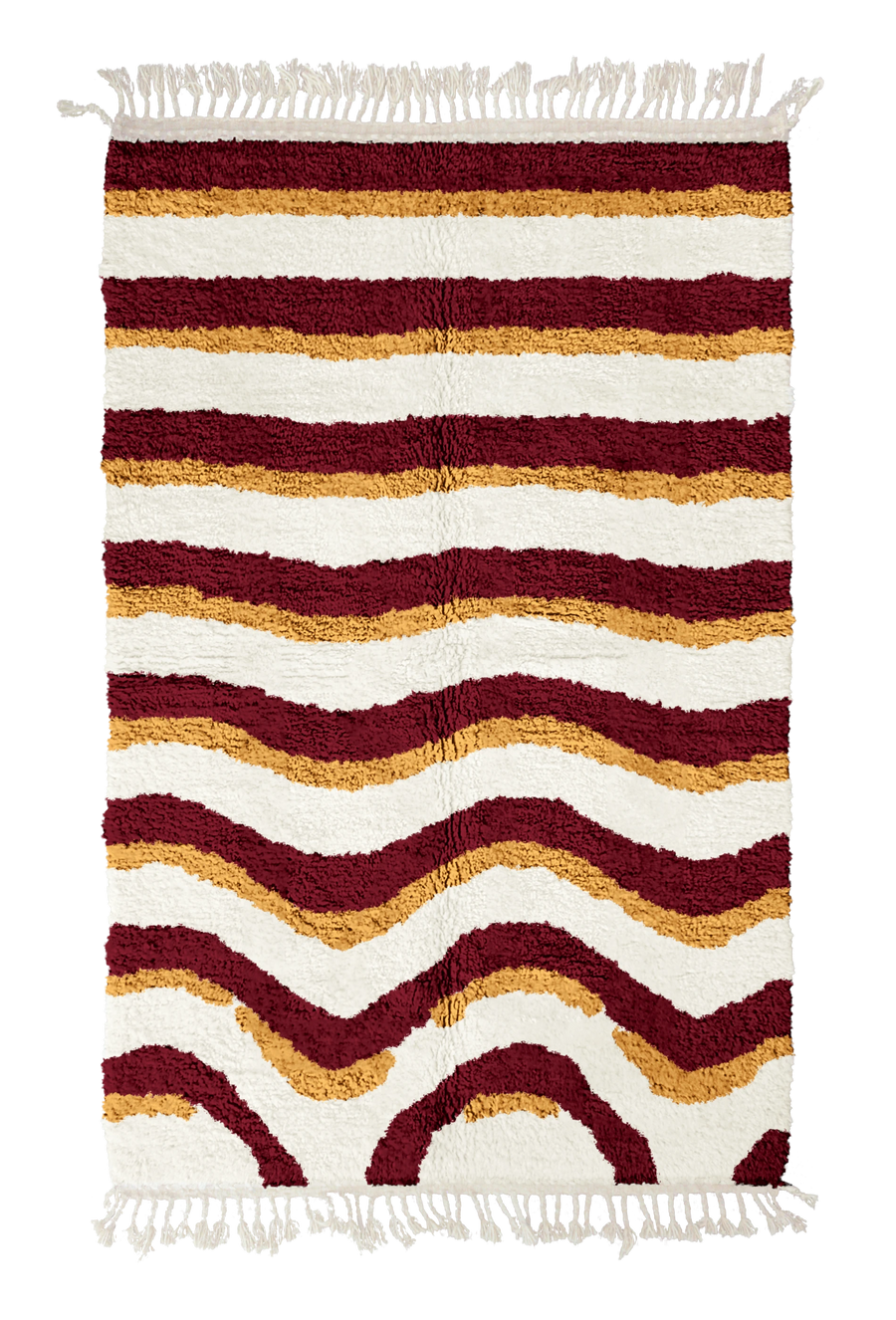 Rising Tide wavy wool rug, burgundy waves and ochre yellow lines on cream, full view