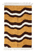 Load image into Gallery viewer, Terrace Tide wavy wool rug, dark brown waves and cream lines on ochre yellow, full view

