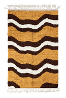 Terrace Tide wavy wool rug, dark brown waves and cream lines on ochre yellow, full view