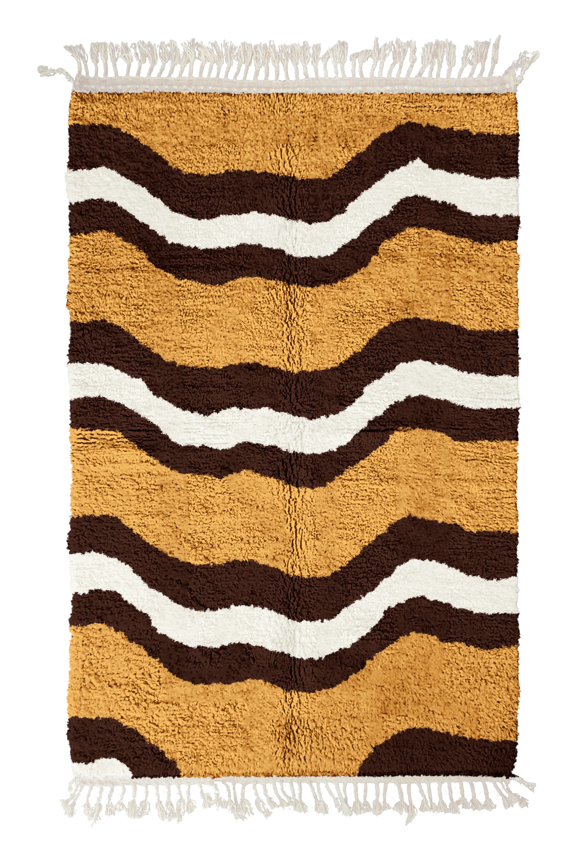 Terrace Tide wavy wool rug, dark brown waves and cream lines on ochre yellow, full view