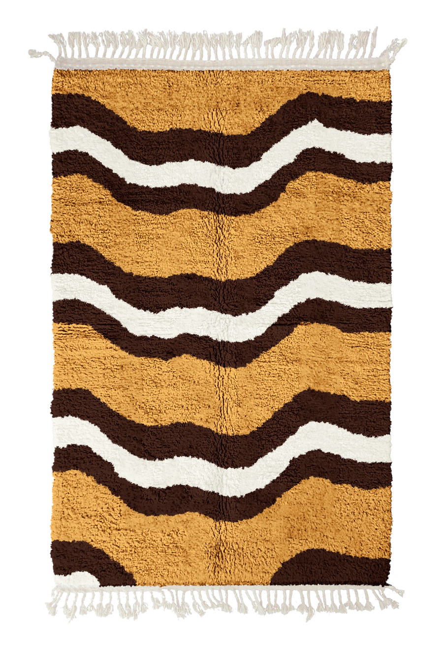 Terrace Tide wavy wool rug, dark brown waves and cream lines on ochre yellow, full view