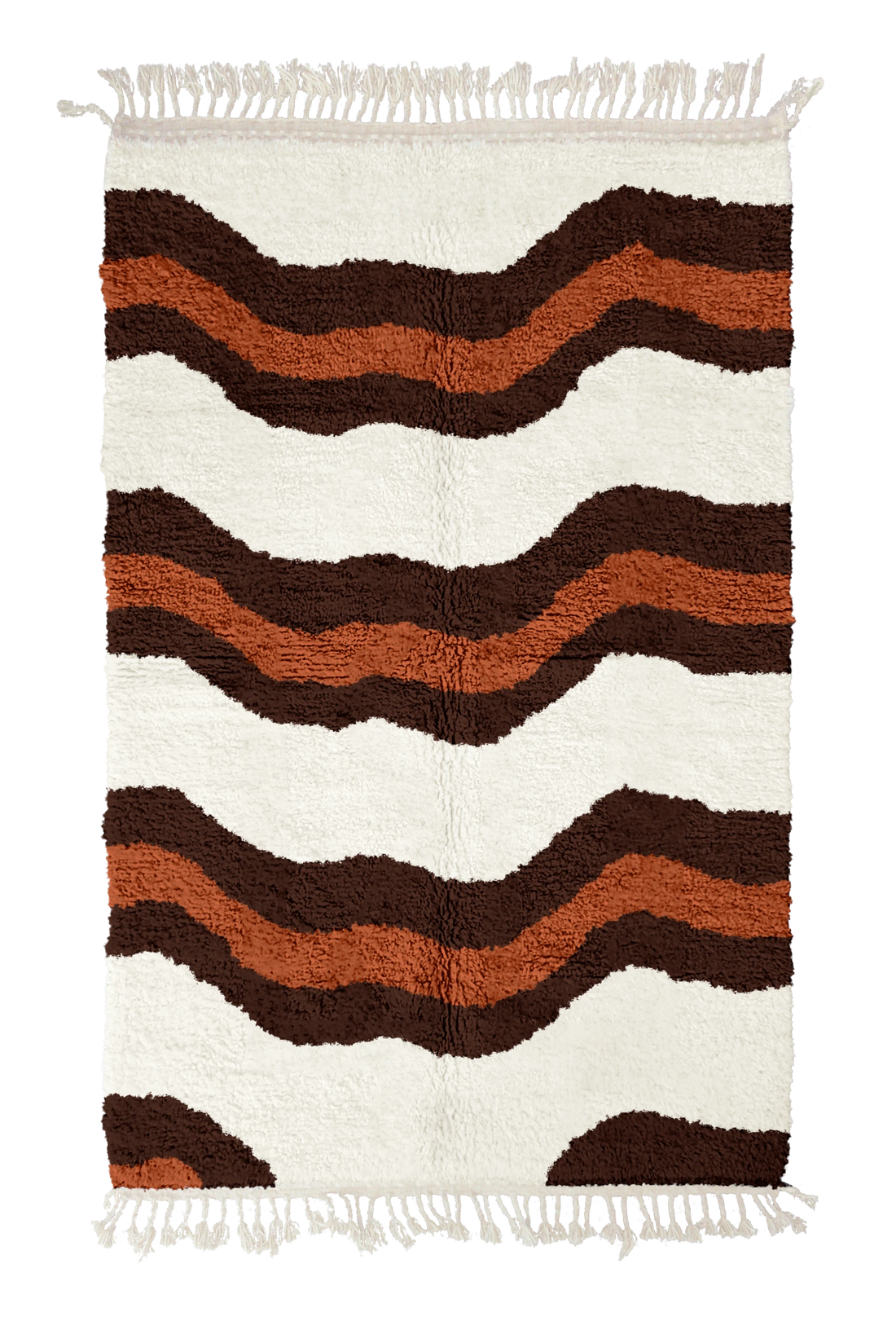 Terrace Tide wavy wool rug, dark brown waves and terracotta lines on cream, full view