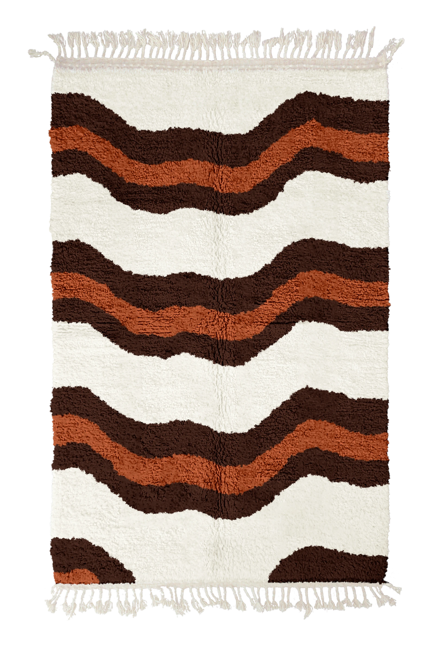 Terrace Tide wavy wool rug, dark brown waves and terracotta lines on cream, full view