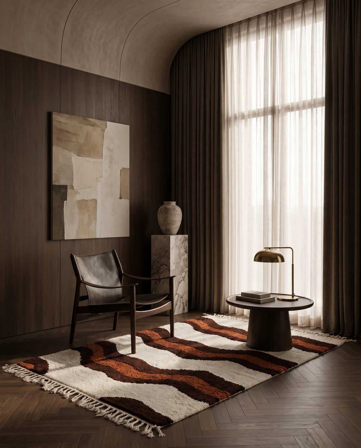 Brown, Terracotta and Cream wavy wool rug in a furnished room