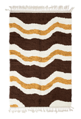 Load image into Gallery viewer, Terrace Tide wavy wool rug, cream waves and ochre yellow lines on dark espresso brown, full view
