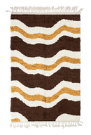 Terrace Tide wavy wool rug, cream waves and ochre yellow lines on dark espresso brown, full view