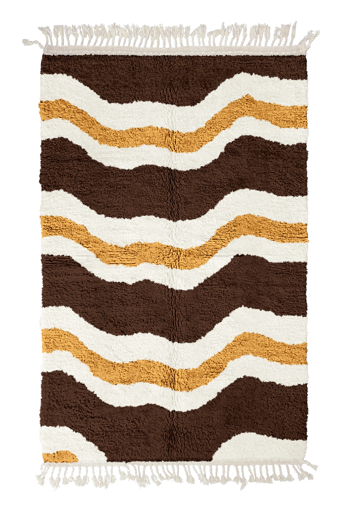 Terrace Tide wavy wool rug, cream waves and ochre yellow lines on dark espresso brown, full view