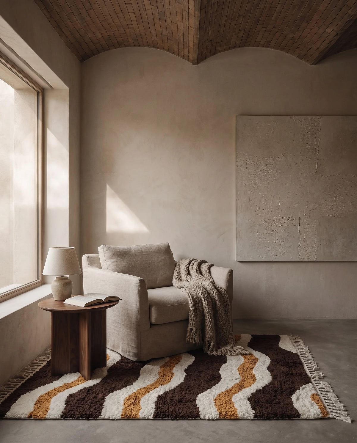 Cream, Ochre Yellow and Dark Brown wavy wool rug in a furnished room