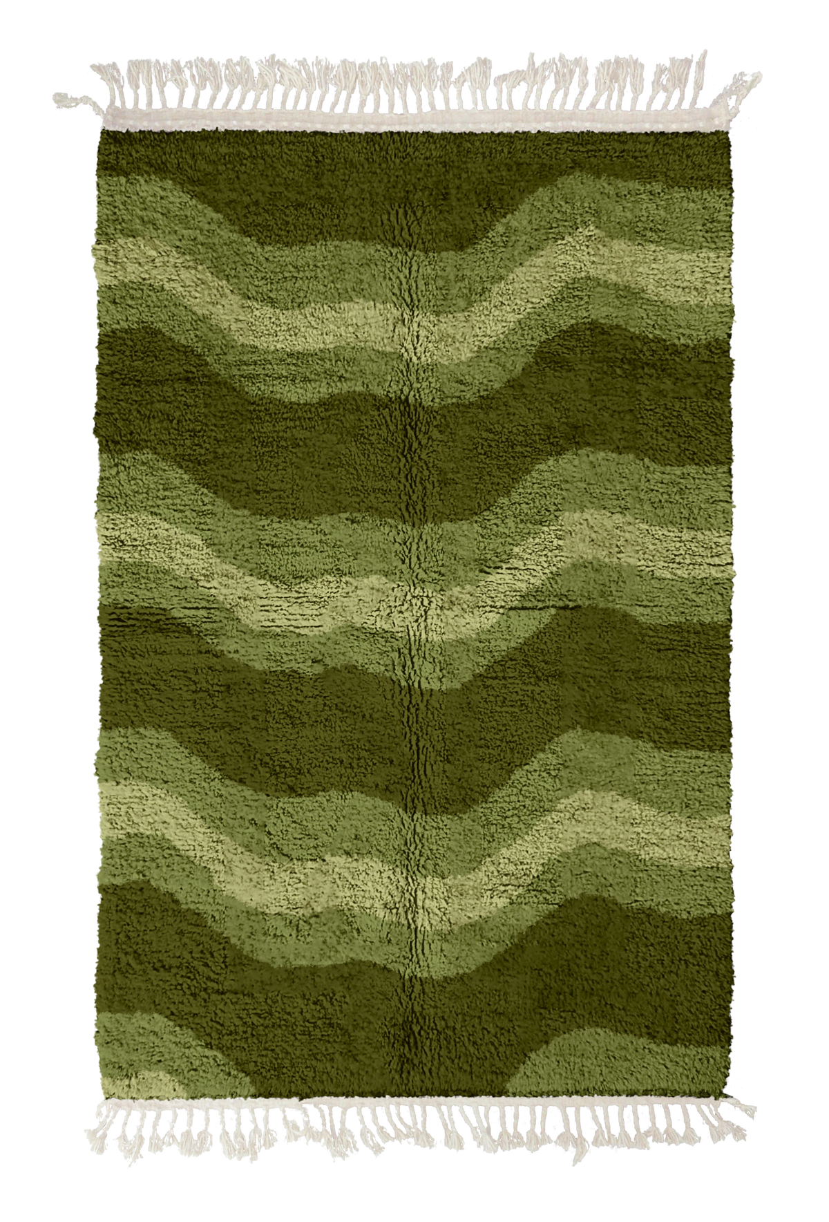 Terrace Tide wavy wool rug, moss green waves and sage olive lines on olive green, full view