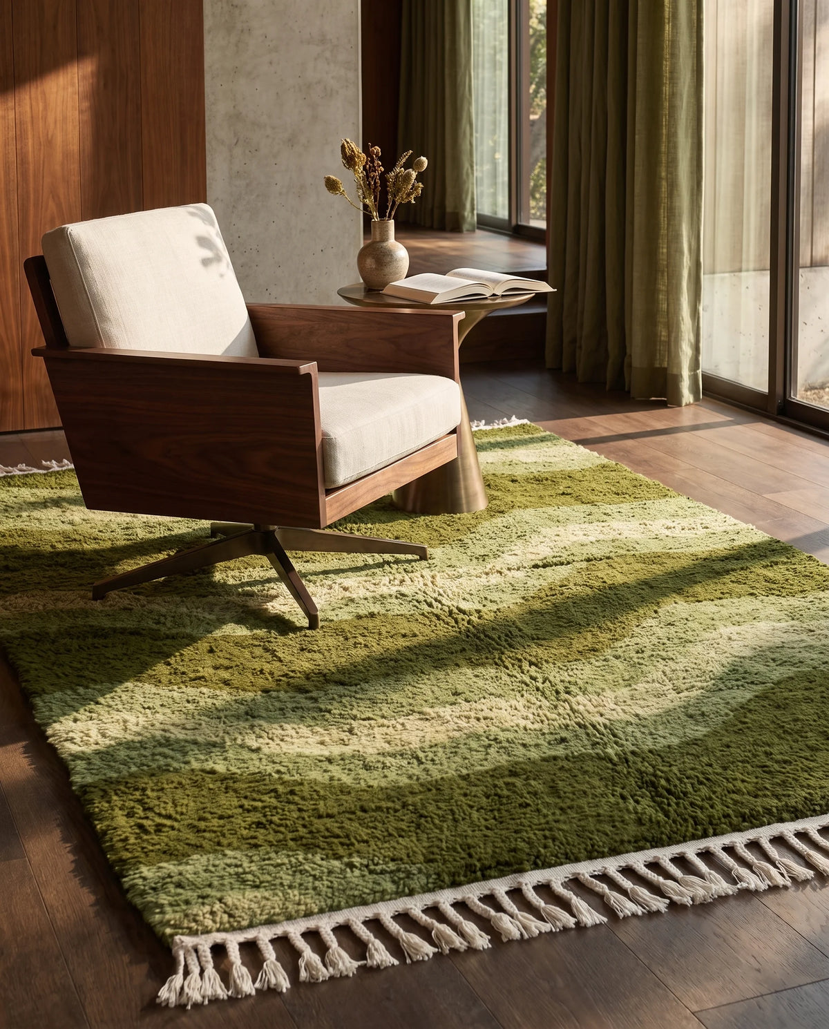 Moss, Sage and Olive Green wavy wool rug in a furnished room
