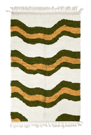 Terrace Tide wavy wool rug, olive green waves and ochre yellow lines on cream, full view