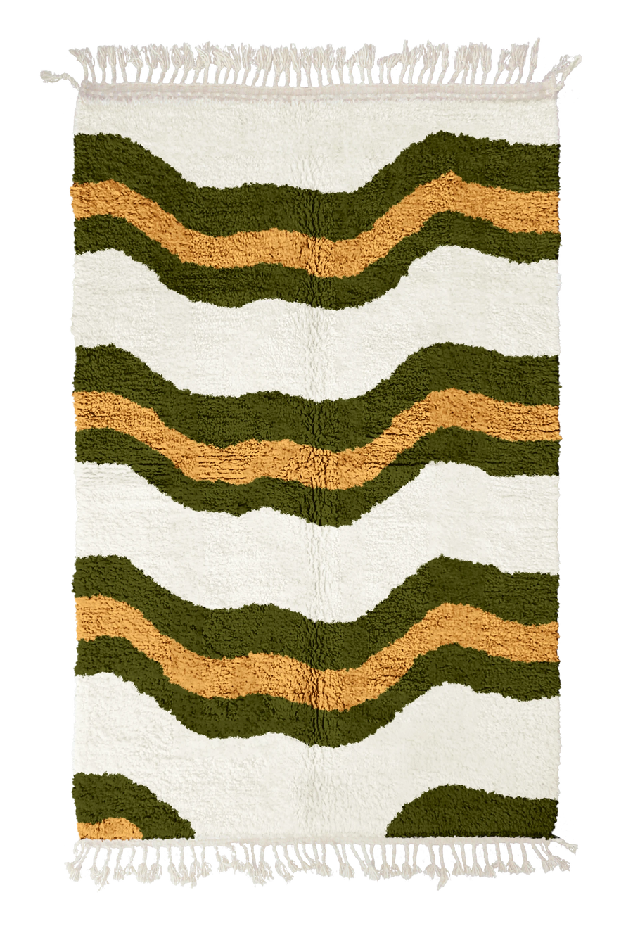 Terrace Tide wavy wool rug, olive green waves and ochre yellow lines on cream, full view
