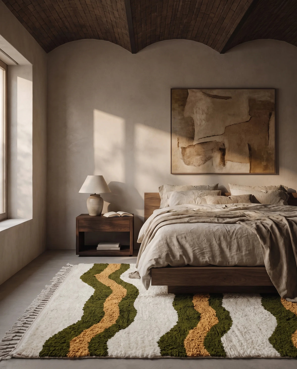 Olive Green, Ochre Yellow and Cream wavy wool rug in a furnished room