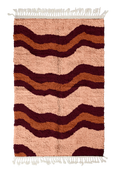 Load image into Gallery viewer, Terrace Tide wavy wool rug, oxblood red waves and terracotta lines on blush pink, full view

