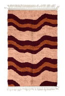 Terrace Tide wavy wool rug, oxblood red waves and terracotta lines on blush pink, full view