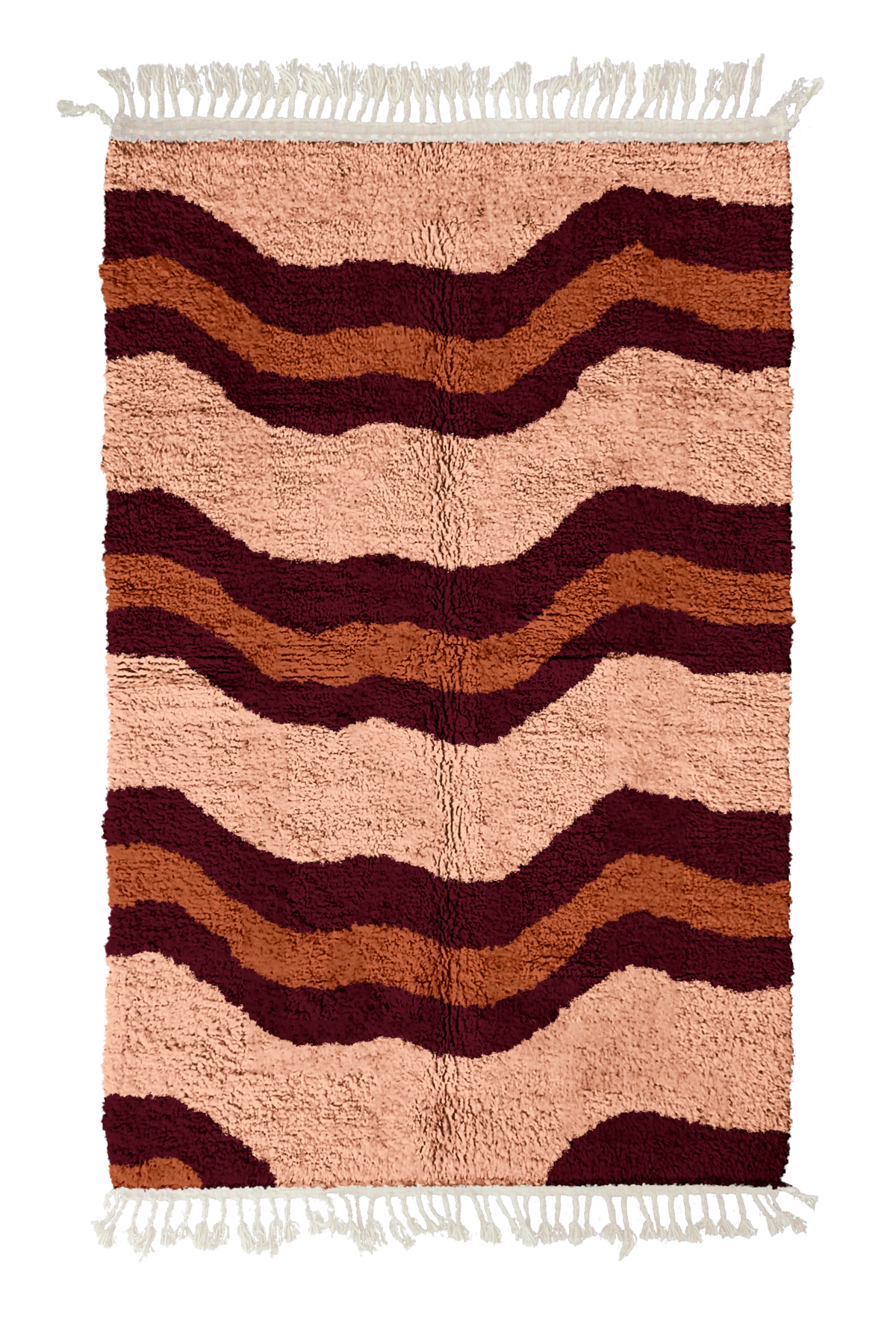 Terrace Tide wavy wool rug, oxblood red waves and terracotta lines on blush pink, full view
