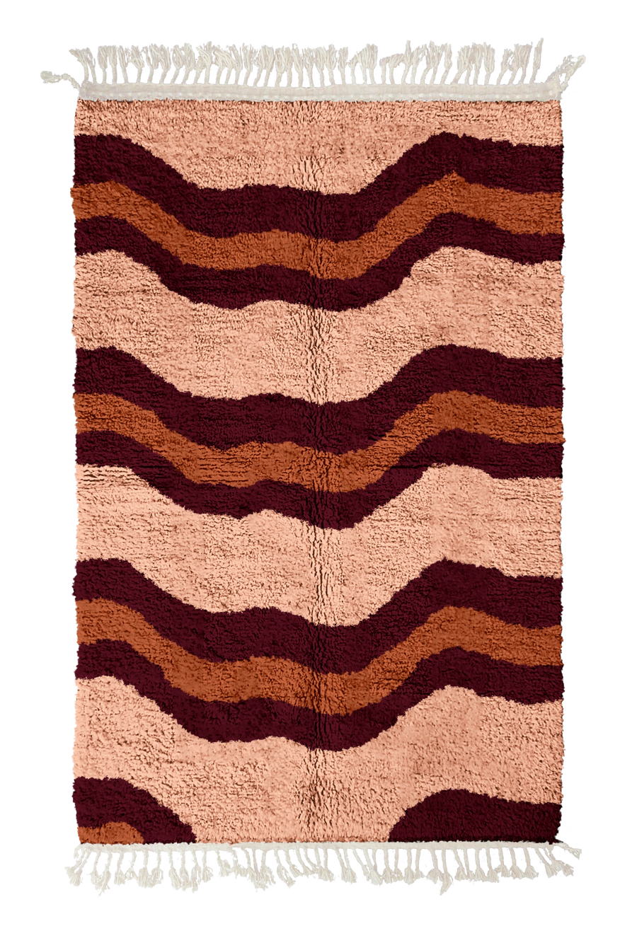 Terrace Tide wavy wool rug, oxblood red waves and terracotta lines on blush pink, full view