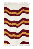 Load image into Gallery viewer, Terrace Tide wavy wool rug, burgundy waves and ochre yellow lines on cream, full view
