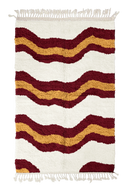 Terrace Tide wavy wool rug, burgundy waves and ochre yellow lines on cream, full view