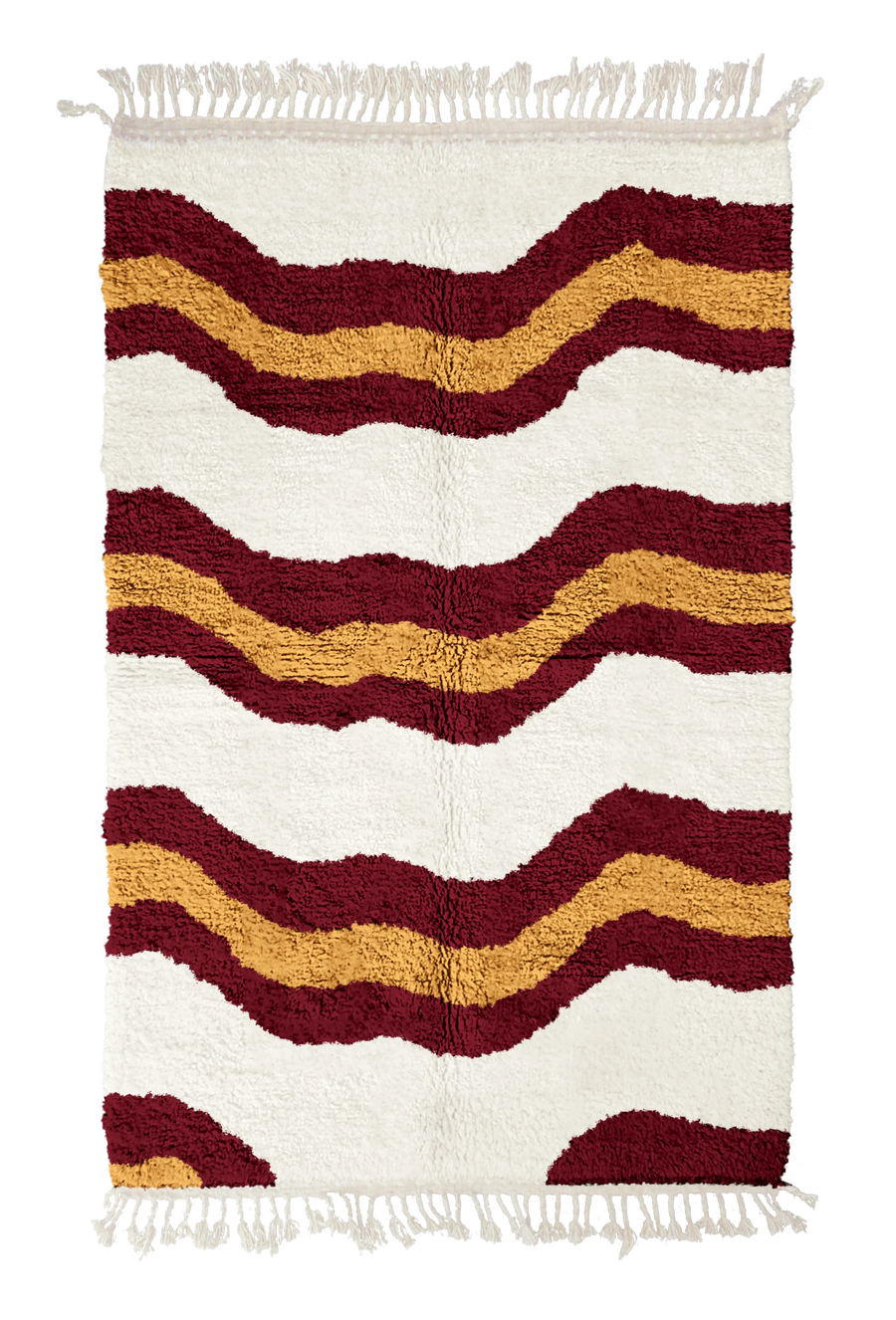 Terrace Tide wavy wool rug, burgundy waves and ochre yellow lines on cream, full view