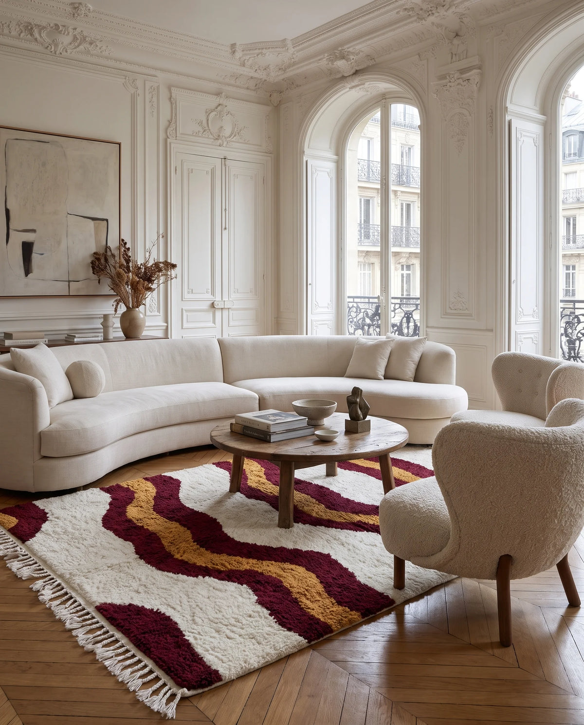 Burgundy, Ochre Yellow and Cream wavy wool rug in a furnished room