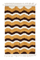 Scallop Tide wavy wool rug, dark brown waves and cream lines on ochre yellow, full view