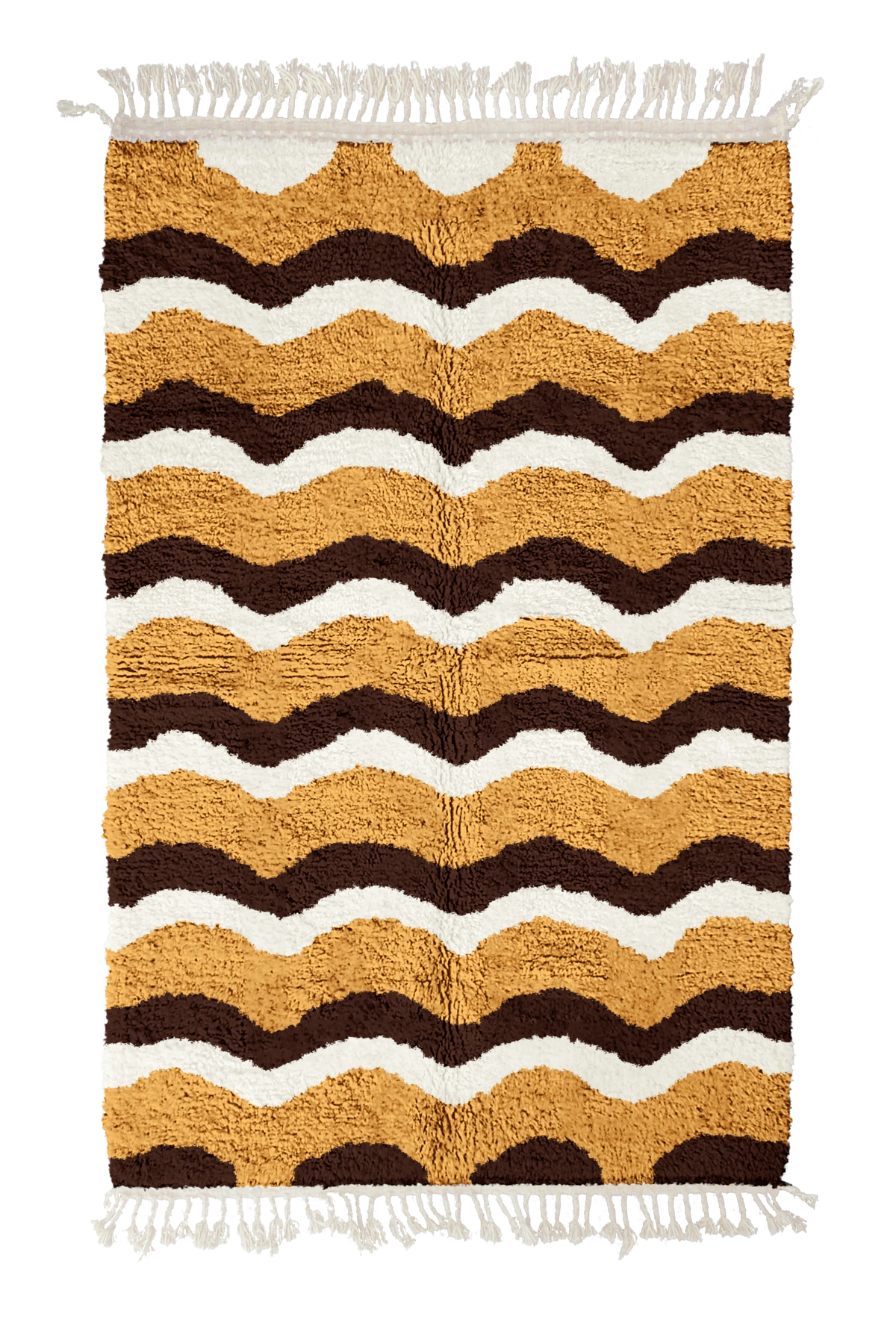 Scallop Tide wavy wool rug, dark brown waves and cream lines on ochre yellow, full view