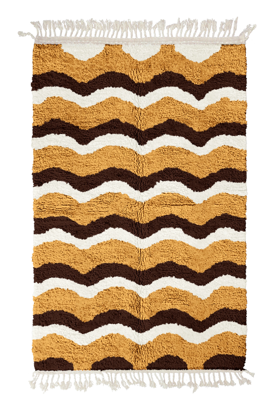 Scallop Tide wavy wool rug, dark brown waves and cream lines on ochre yellow, full view
