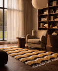 Load image into Gallery viewer, Brown, Cream and Ochre Yellow wavy wool rug in a furnished room
