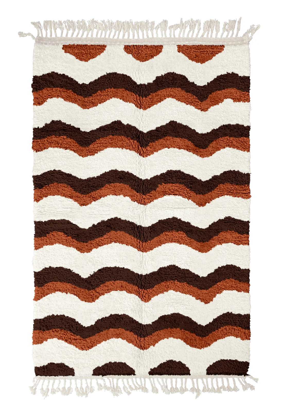 Scallop Tide wavy wool rug, dark brown waves and terracotta lines on cream, full view