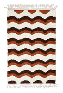 Scallop Tide wavy wool rug, dark brown waves and terracotta lines on cream, full view