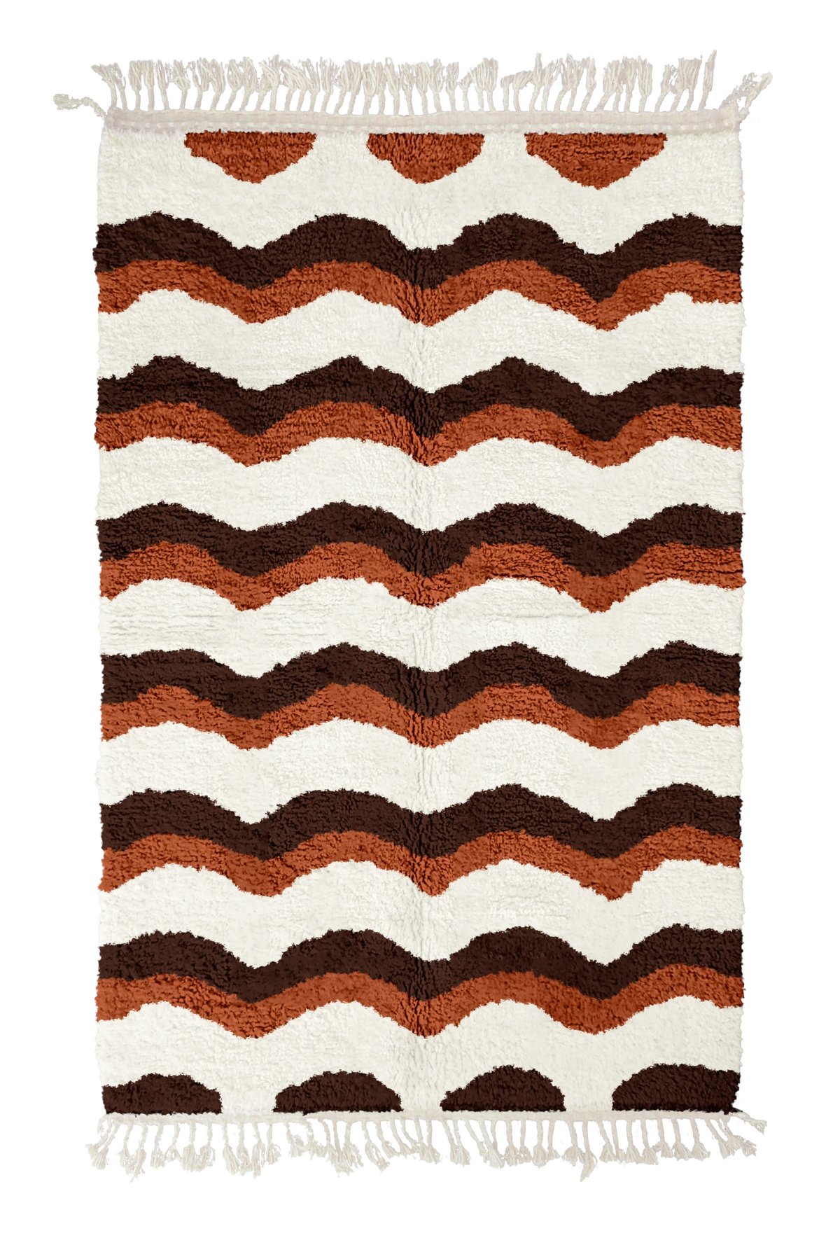 Scallop Tide wavy wool rug, dark brown waves and terracotta lines on cream, full view