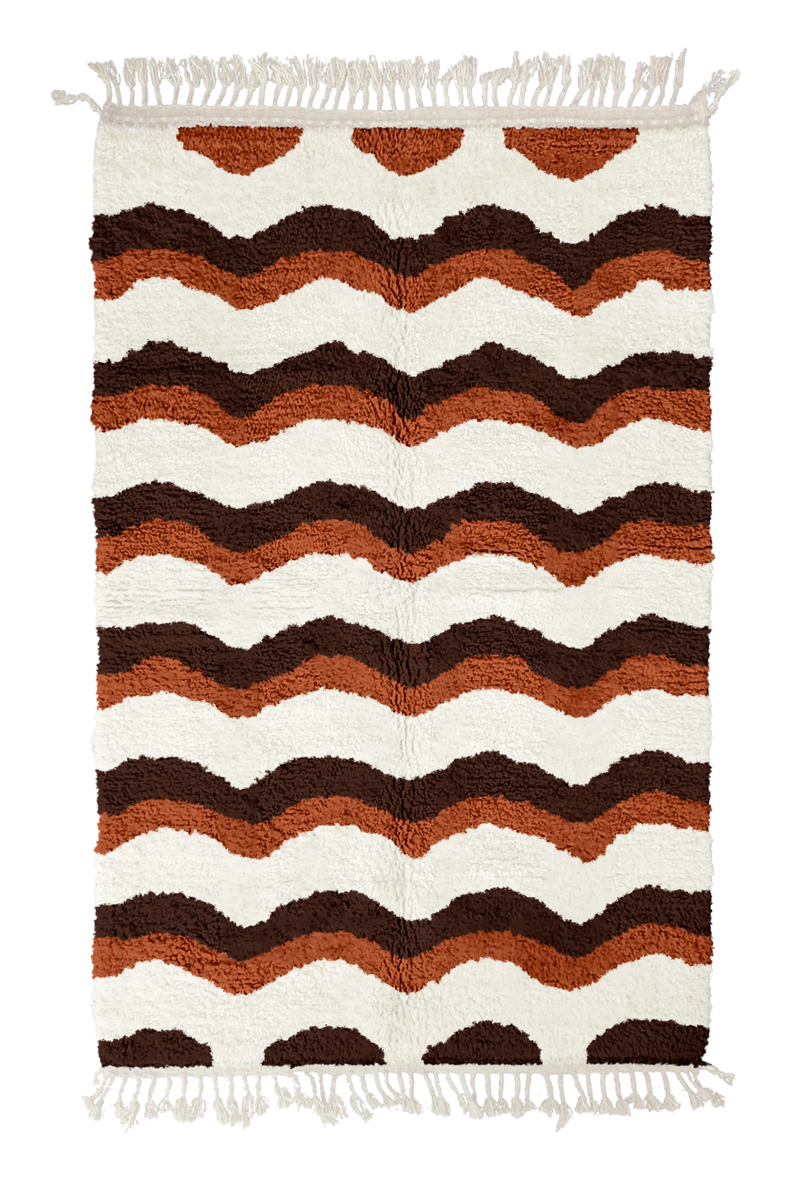 Scallop Tide wavy wool rug, dark brown waves and terracotta lines on cream, full view