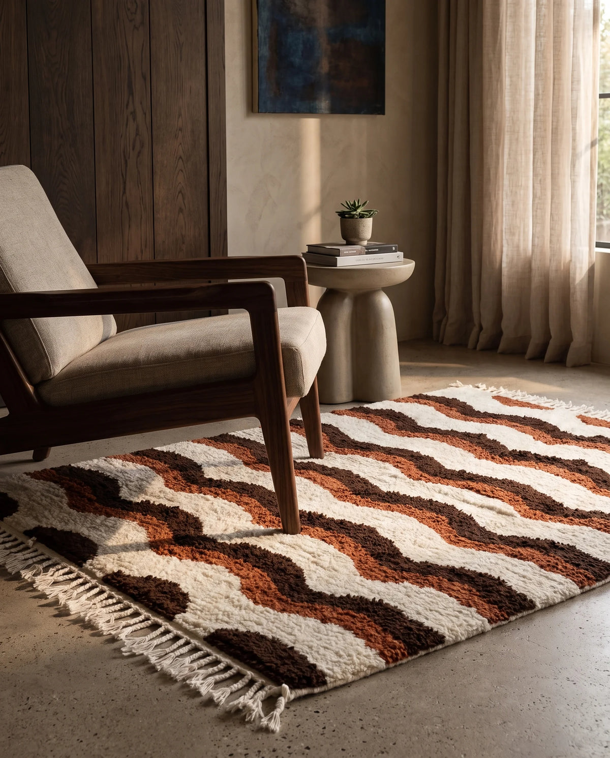 Brown, Terracotta and Cream wavy wool rug in a furnished room