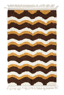 Scallop Tide wavy wool rug, cream waves and ochre yellow lines on dark espresso brown, full view