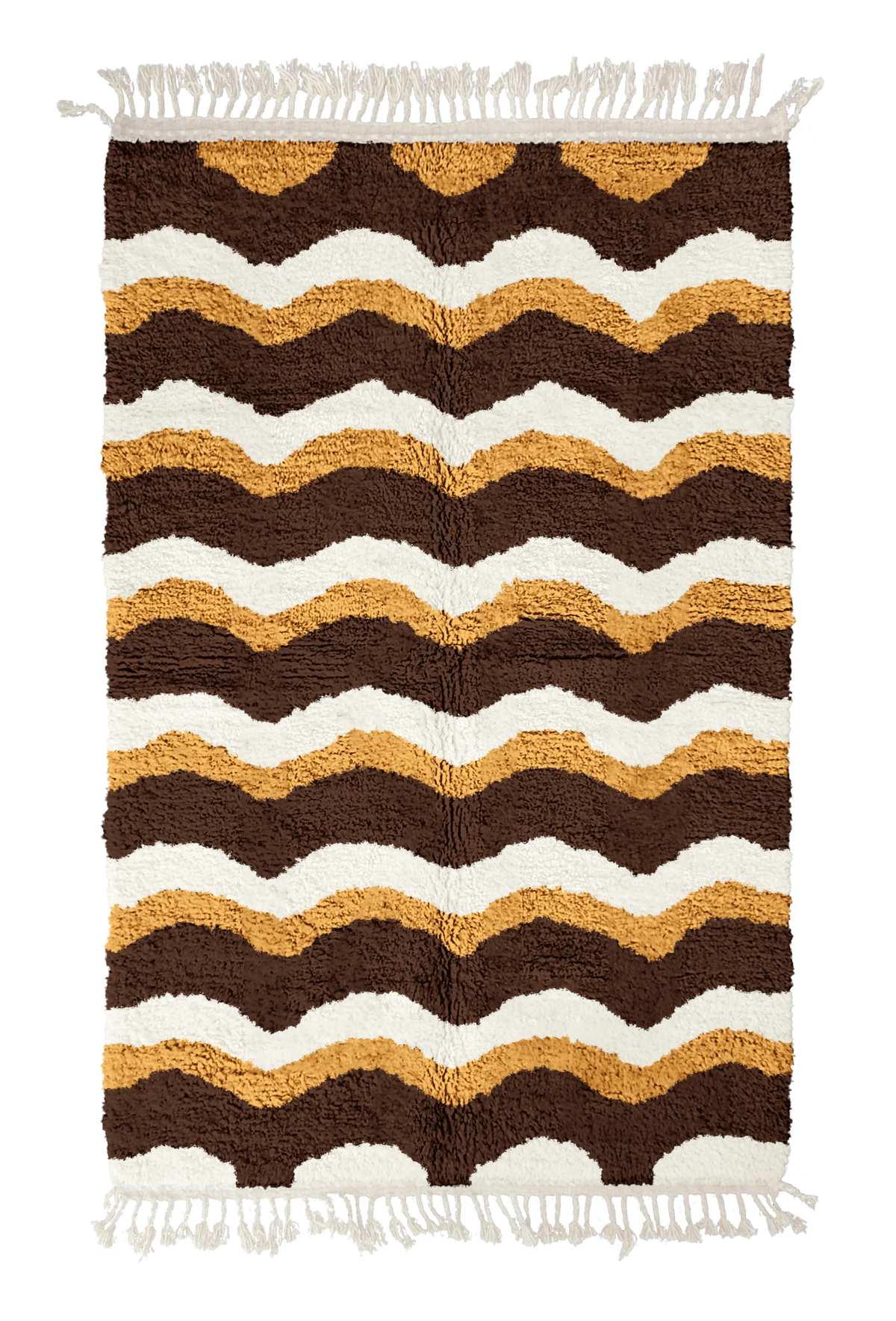 Scallop Tide wavy wool rug, cream waves and ochre yellow lines on dark espresso brown, full view