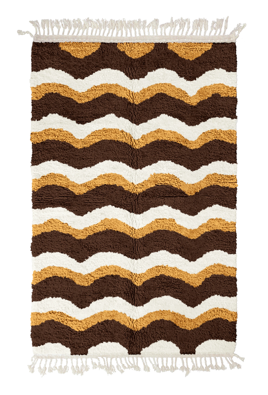 Scallop Tide wavy wool rug, cream waves and ochre yellow lines on dark espresso brown, full view