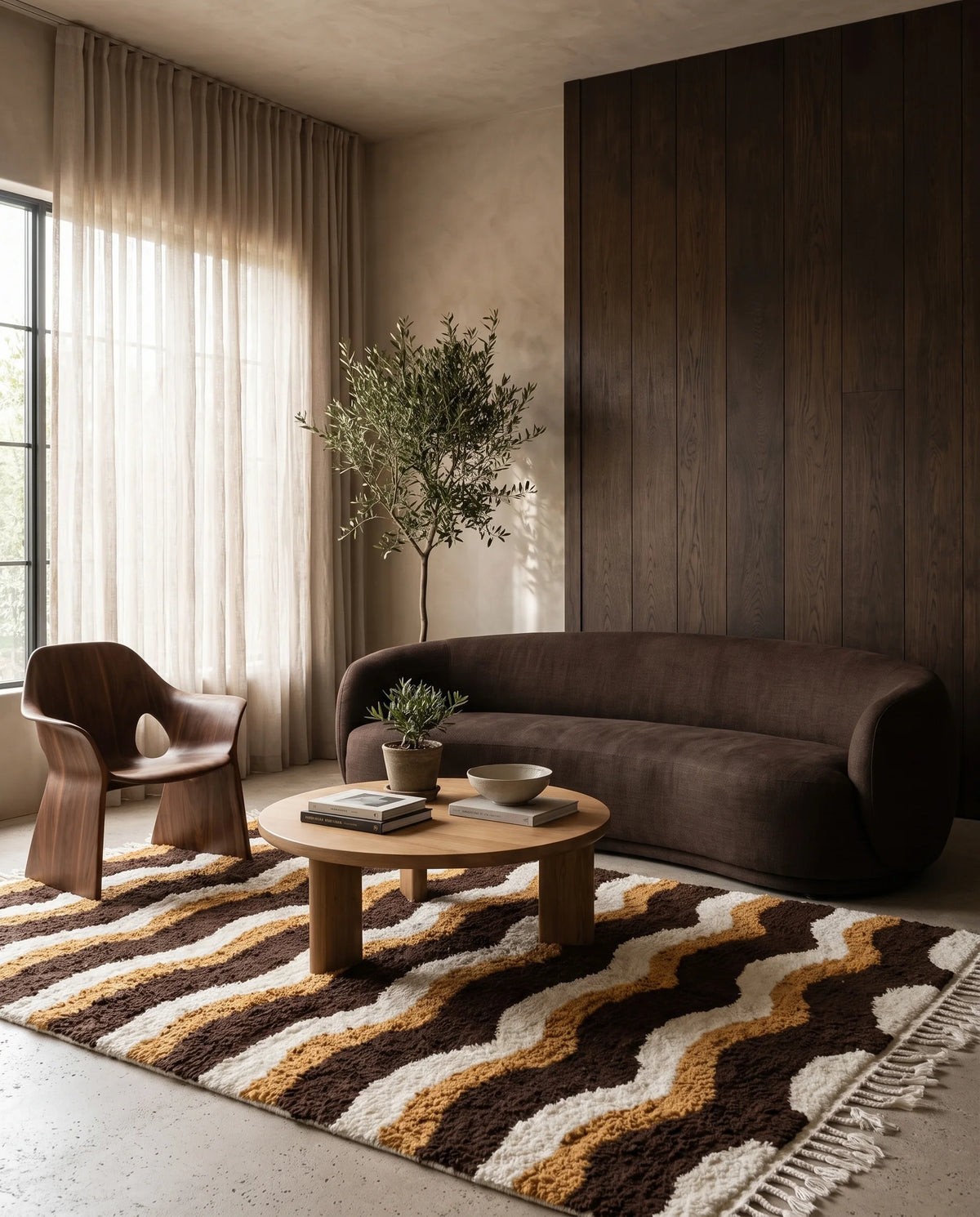 Cream, Ochre Yellow and Dark Brown wavy wool rug in a furnished room