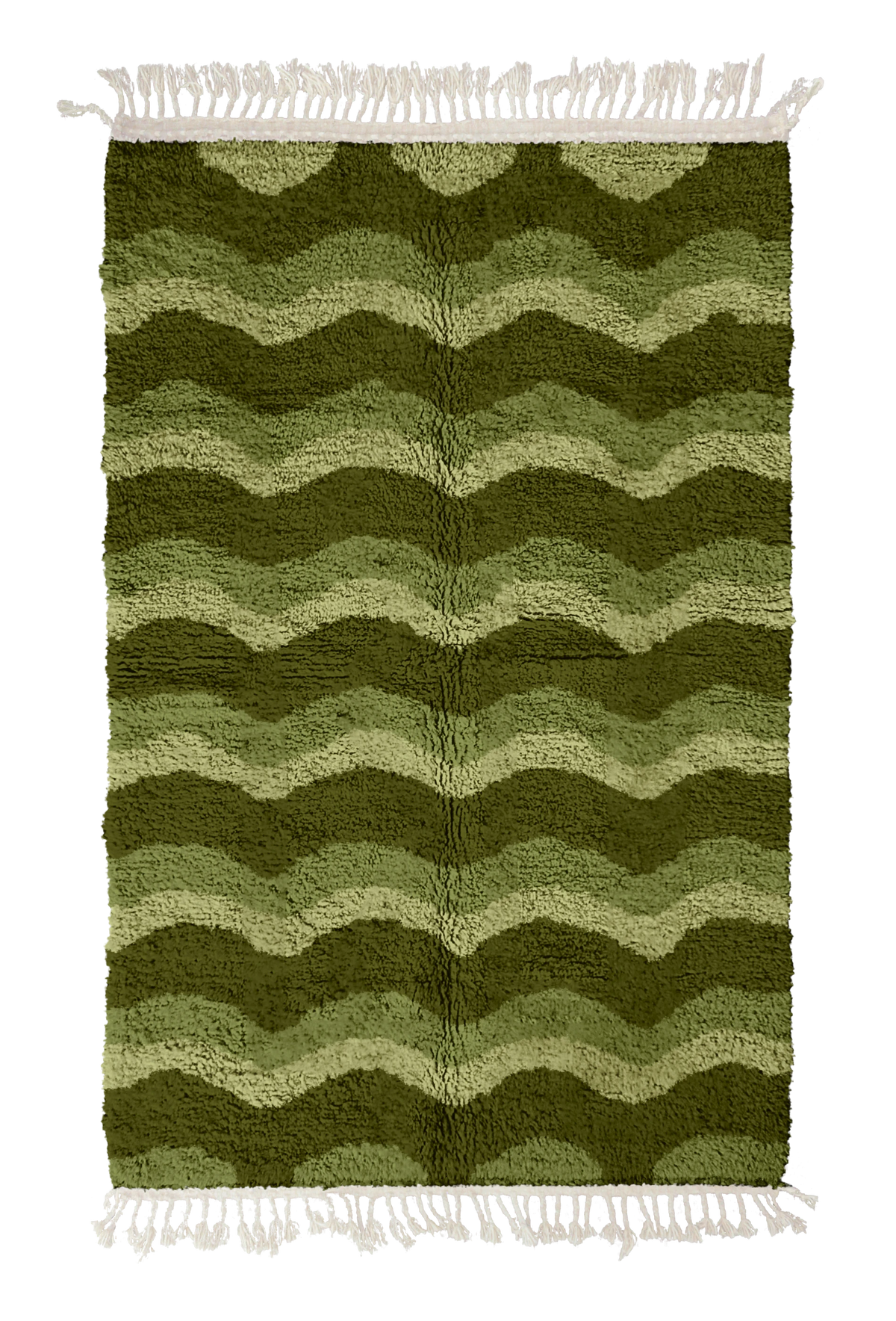 Scallop Tide wavy wool rug, moss green waves and sage olive lines on olive green, full view